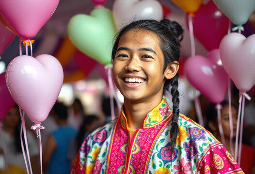 Portrait of happy man with heart shaped balloons. Valentine's day concept
