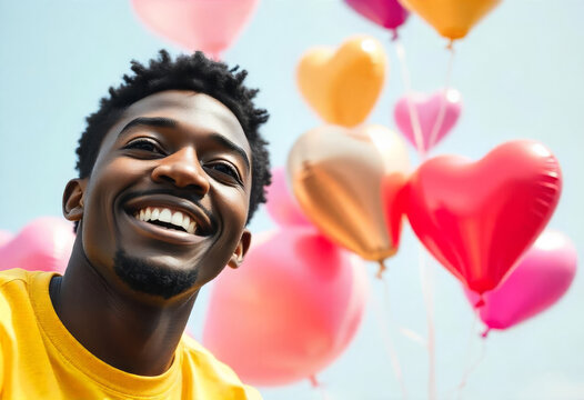 Portrait of happy man with heart shaped balloons. Valentine's day concept
