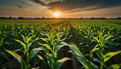 Green corn field in the setting sun