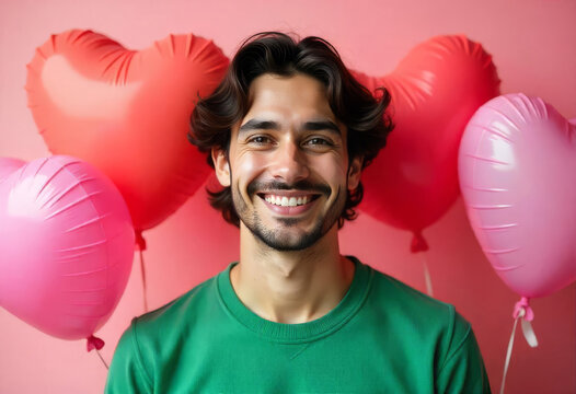 Portrait of happy man with heart shaped balloons. Valentine's day concept