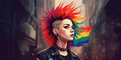 Fototapeta premium Rainbow Punk Girl, LGBTQ Support Art, Colorful Abstract Illustration