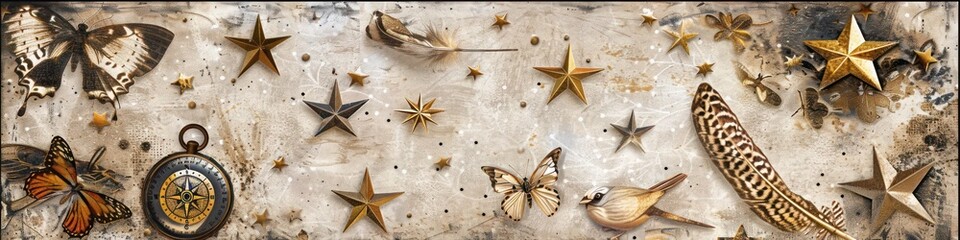 Unique panoramic rug pattern where the cosmos meets nature, blending simple stars with golden butterflies, bird feathers, and a vintage compass on a textured, nostalgic surface