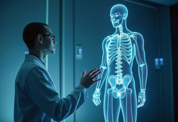 Medical Professional Examining Interactive 3D Holographic Human Skeleton Model in Advanced Healthcare Technology Setting