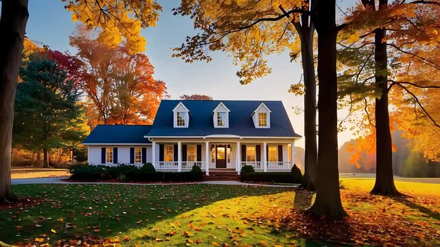 Charming House Surrounded by Autumn Foliage at Sunset
