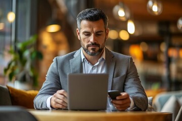 Focused businessman using laptop and smartphone in office, Generative AI