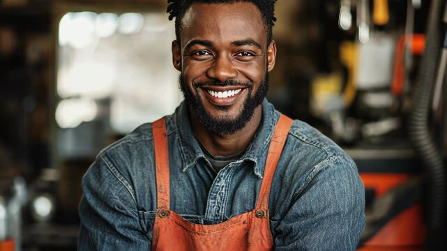 A man smiles warmly in his workshop, wearing an orange apron over a denim shirt