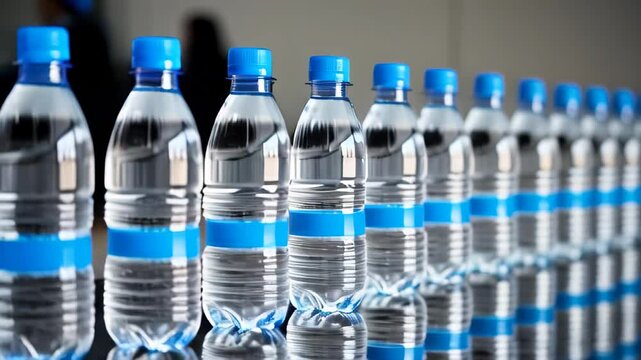 Closeup on mineral water bottles in raw and lines. The hi-technology of drinking water manufacturing process. The empty drinking water bottles on the conveyor belt