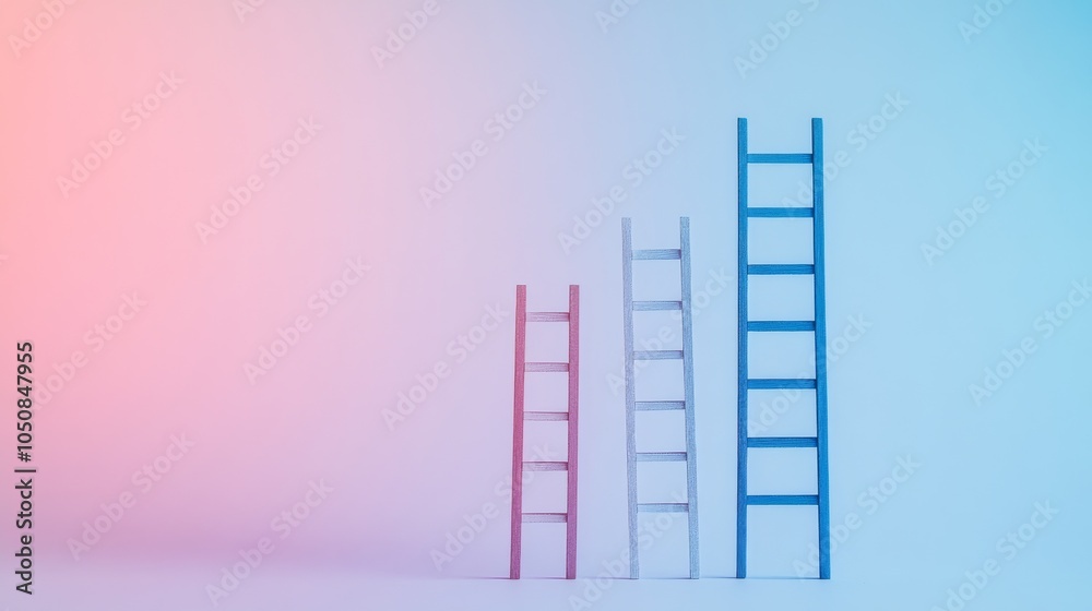 Poster a poignant visual of equal opportunity, featuring a series of ladders of different heights leading t