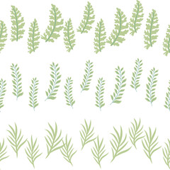Fototapeta premium Chamomile, rudbeckia, clover, leaves, poppies, lilies of the valley, berries, tulips, assembled horizontal border seamless pattern Floral seamless border