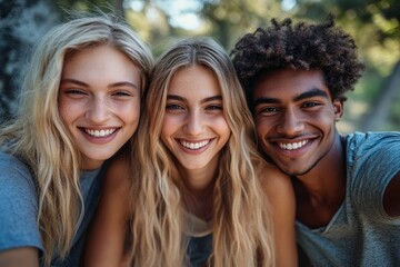 Fototapeta premium Group of friends posing outdoors with big smiles, capturing happy memories, Generative AI