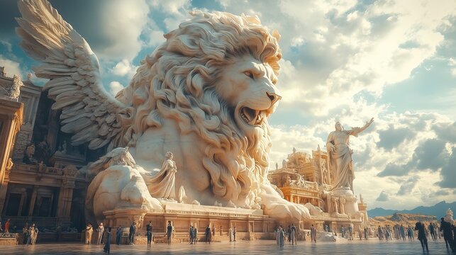 Majestic fusion of lion, angel, and human statues within ancient stone sculptures