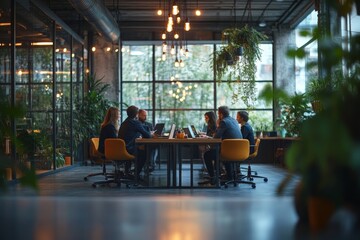 Fototapeta premium Modern office with business professionals having a creative brainstorming session over coffee, Generative AI