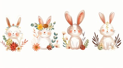 Fototapeta premium Easter bunnies with floral wreaths and painted eggs, vector on a white background