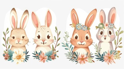 Obraz premium Easter bunnies with floral wreaths and painted eggs, vector on a white background