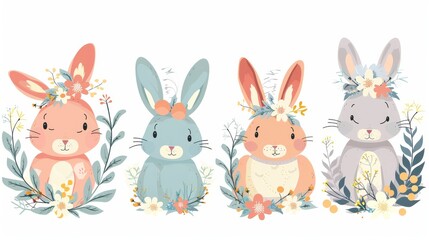 Fototapeta premium Easter bunnies with floral wreaths and painted eggs, vector on a white background