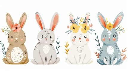 Fototapeta premium Easter bunnies with floral wreaths and painted eggs, vector on a white background