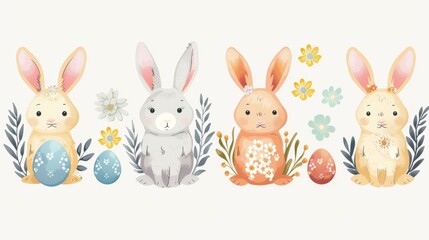 Obraz premium Easter bunnies with floral wreaths and painted eggs, vector on a white background