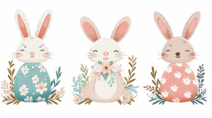 Obraz premium Easter bunnies with floral wreaths and painted eggs, vector on a white background