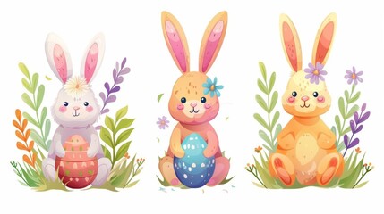 Obraz premium Easter bunnies with floral wreaths and painted eggs, vector on a white background