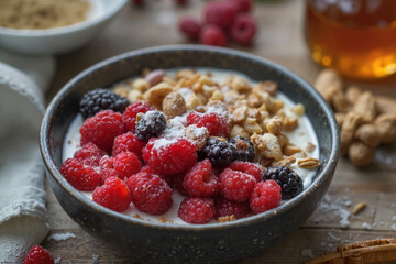 Bowl with berries and nuts, top view, natural vitamins