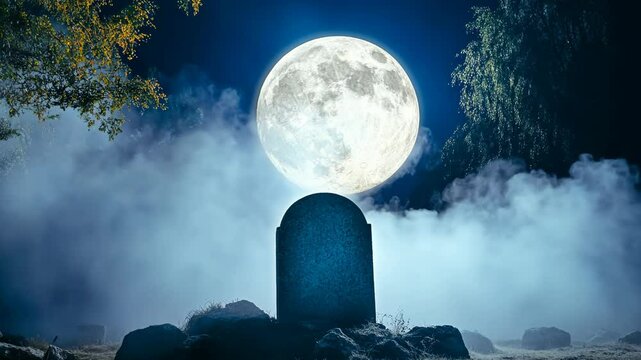 A full moon hangs high in the sky above a single, weathered headstone in a foggy graveyard