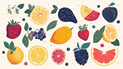 Hand-drawn fruits and berries, colorful abstract minimal style, vector illustration