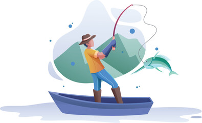 Fisherman on Boat Illustration
