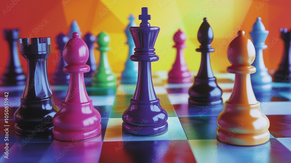 Poster a powerful image of a multicolored chessboard with various chess pieces in play, highlighting the st