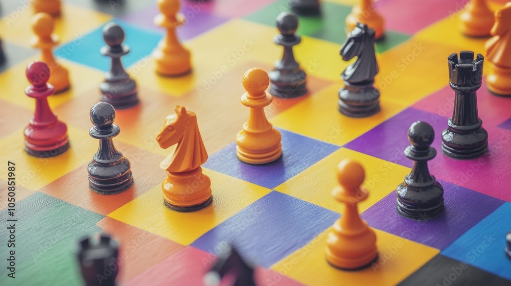 Poster a powerful image of a multicolored chessboard with various chess pieces in play, highlighting the st