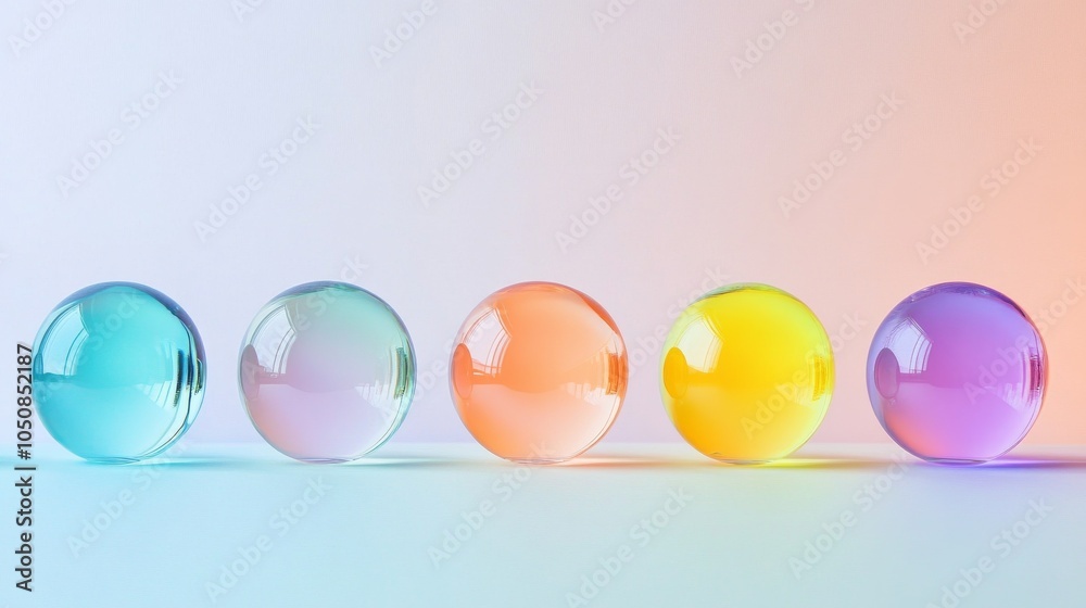 Poster A powerful image of a series of differently colored, transparent glass balls stacked and aligned, creating a gradient effect