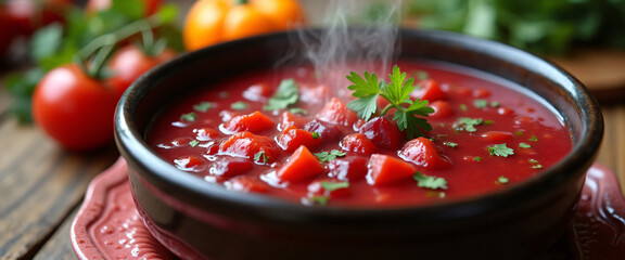 Steaming borscht with deep red color, soup made from beetroot in traditional style, vegetable-rich Russian and Ukrainian cuisine in bowl