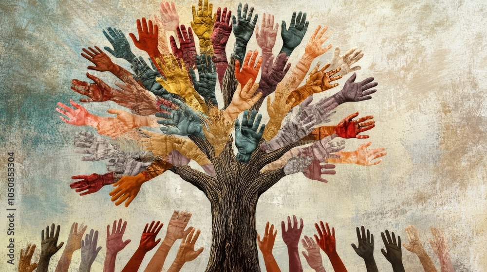 Aufkleber A powerful image of a tree with its branches made of different textured and colored hands reaching out, Symbolizing growth and connection fostered by diverse contributions, minimalist style