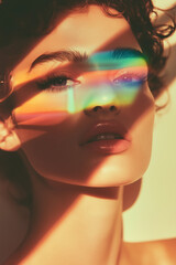 Fototapeta premium Fashion beauty concept. Close up portrait of beautiful young woman with perfect make-up in night club. Disco lights. Poster style. Cool atmosphere. Indoor shot