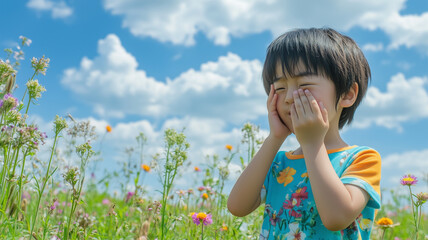 花粉症に悩む少年と草原