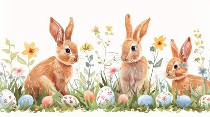 Playful Easter bunnies with floral crowns and pastel eggs, vector illustration on a white background