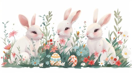 Fototapeta premium Playful Easter bunnies with floral crowns and pastel eggs, vector illustration on a white background