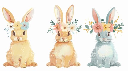 Obraz premium Playful Easter bunnies with floral crowns and pastel eggs, vector illustration on a white background
