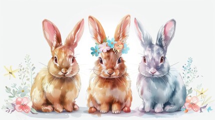 Obraz premium Playful Easter bunnies with floral crowns and pastel eggs, vector illustration on a white background