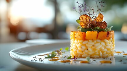 danie sezonowe, risotto, dynia piżmowa, eleganckie podanie, truflowy olej, jadalne kwiaty, mikro zioła, białe talerze, restauracja, ciepłe oświetlenie, kulinarna fotografia, detale jedzenia, tekstury 