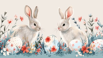 Obraz premium Playful Easter bunnies with floral crowns and pastel eggs, vector illustration on a white background