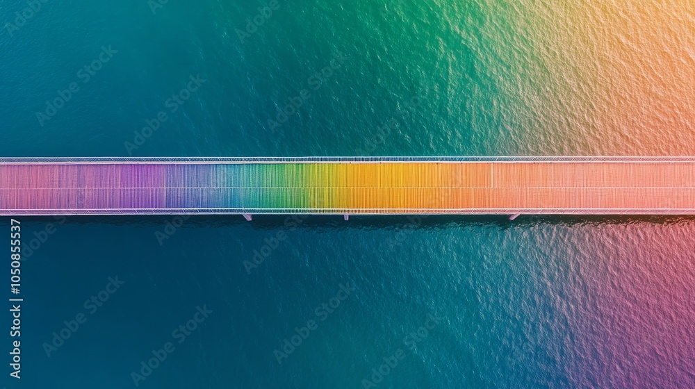 Aufkleber A powerful scene of a rainbow-colored bridge connecting two distinct landscapes, Representing the connection between different communities and the journey towards inclusivity, minimalist style