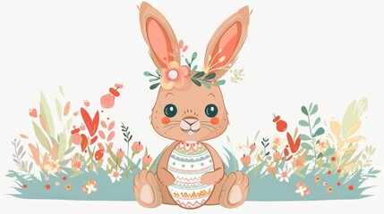 Obraz premium Playful Easter bunnies with floral crowns and pastel eggs, vector illustration on a white background