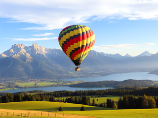 Fototapeta premium Colorful hot air balloon soaring over stunning mountains and a serene lake during a bright day