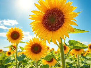 Obraz premium Bright sunflowers blooming in a vibrant field under a clear blue sky during the summer afternoon sunshine