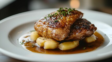 kaczka confit, puree jabłkowe, cynamon, elegancka prezentacja, niska przysłona, Canon EOS R5, gourmet, profesjonalna fotografia, świeże zioła, danie główne, sztuka kulinarna, soczysta kaczka, delikatn
