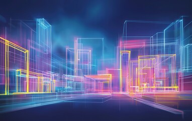 Obraz premium Vibrant digital cityscape illustration featuring neon outlines of futuristic buildings at night