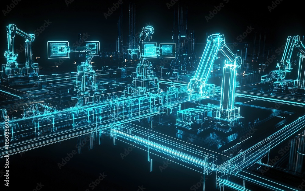 Poster a futuristic automated factory with robotic arms working efficiently in a neon-lit environment at ni