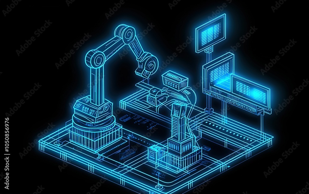 Poster robotic arms assemble components in a high-tech factory environment with digital displays showing da