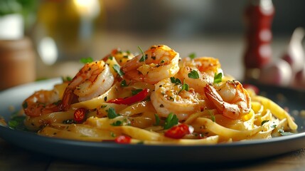makaron, krewetki, czosnek, papryczka chili, ostra kuchnia, wykwintna kuchnia, fine dining, świeże owoce morza, pasta, kuchnia włoska, aromatyczne smaki, elegancka prezentacja, Canon EOS R5, niska prz