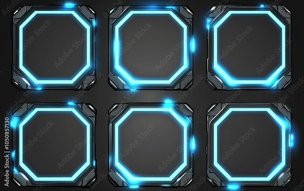 Poster futuristic interface with illuminated hexagonal panels arranged in a grid on a dark background